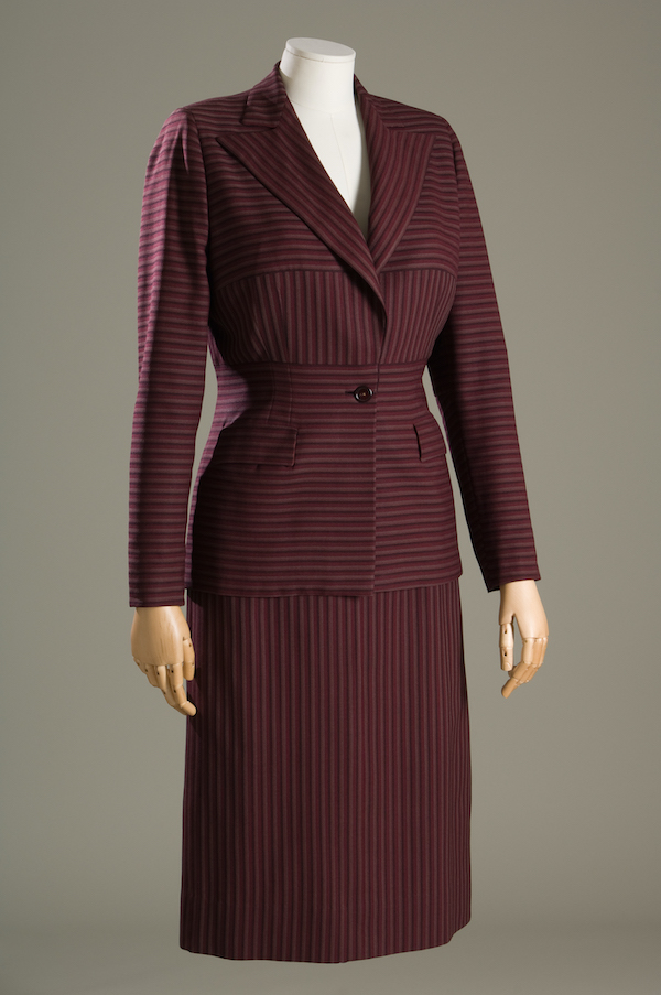 purple and brown horizontal striped wool suit with contrast vertical stripe peaked lapel