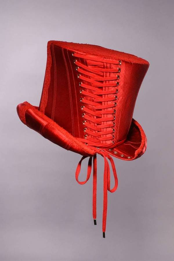 corset hat in deep red satin and lace